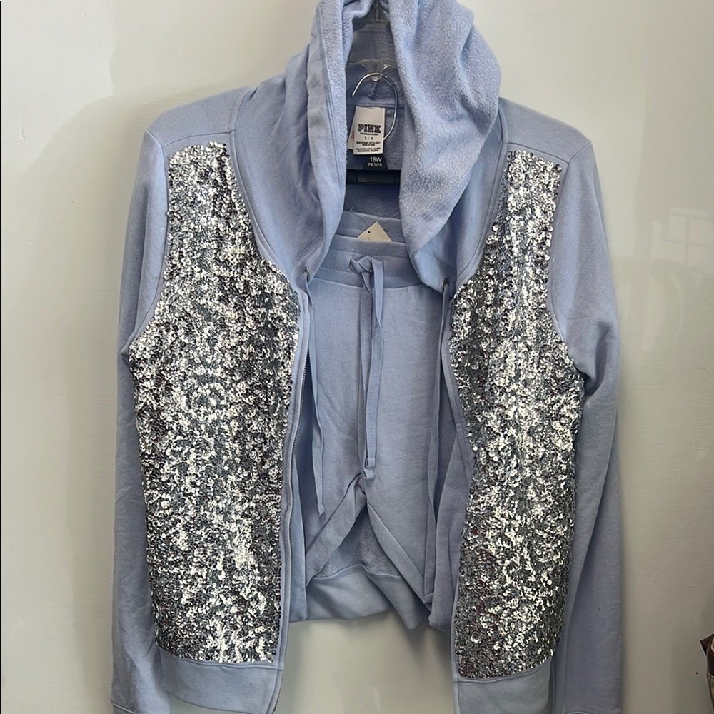 PINK Victoria's Secret Blue and Silver Bomber Jacket + Jogger